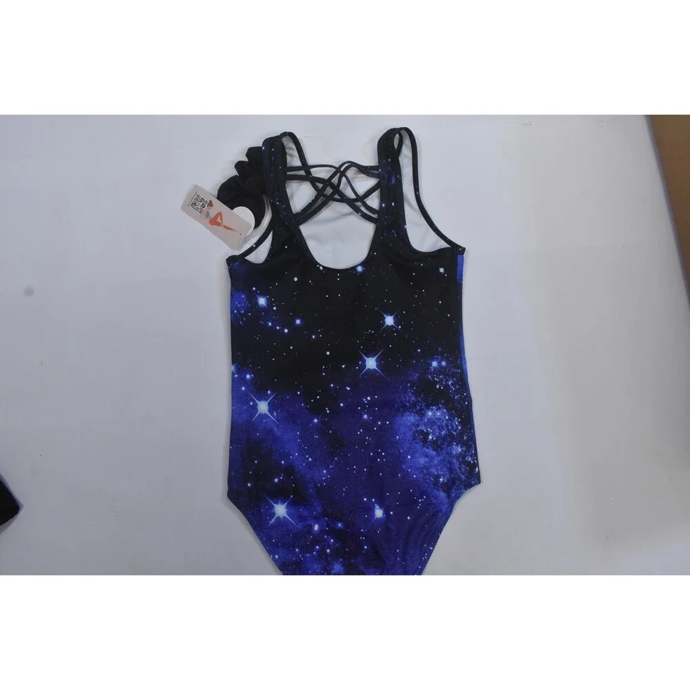 Beautyin Gymnastics Leotard Set Girls 12 Blue Galaxy Shorts Scrunchie UPF 50+